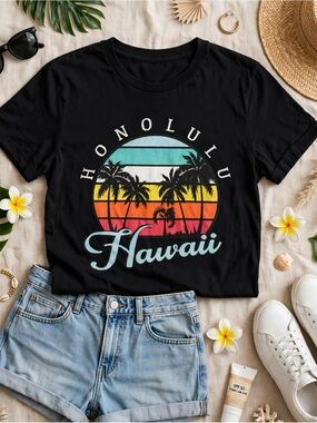 On Fire Black Tee with Tropical Honolulu Hawaii Sunset Graphic